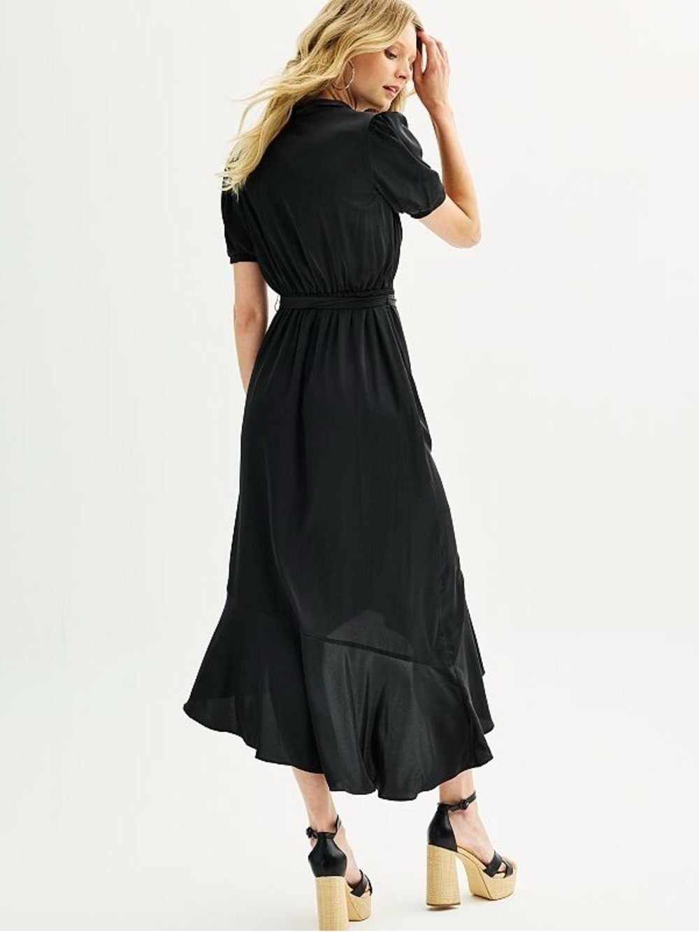 Nine West Black Ruffled Wrap Midi Dress Woman’s XS NWT - Picture 2 of 11